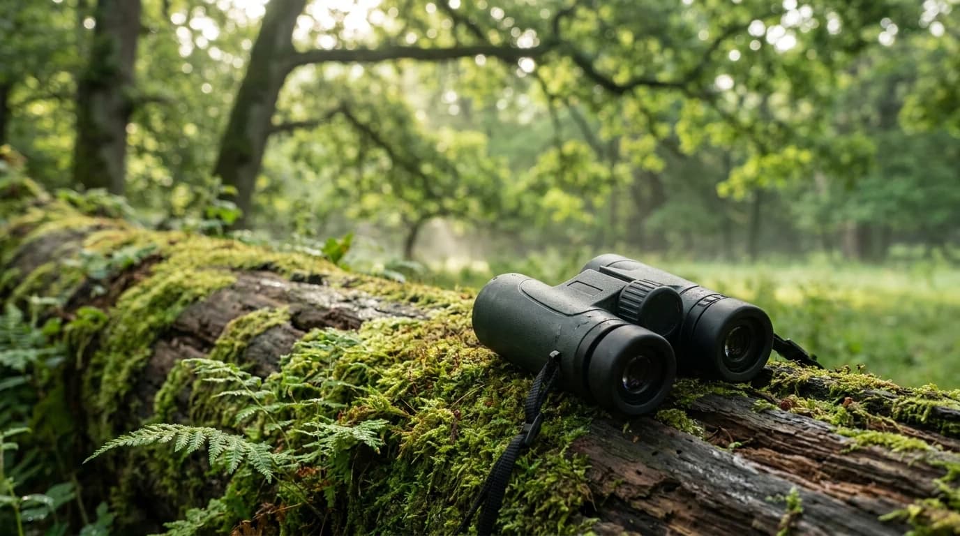 Roof-prism binoculars resting on a mossy log at the edge of a shaded woodland clearing.