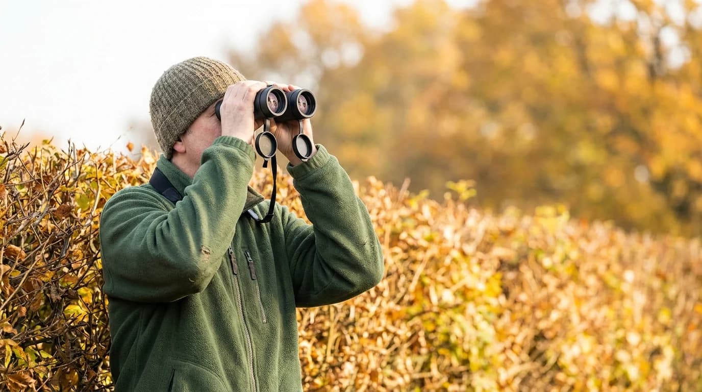 A birder in a fleece jacket raising compact black binoculars to their eyes at the edge of a hedgerow on a bright autumn morning.