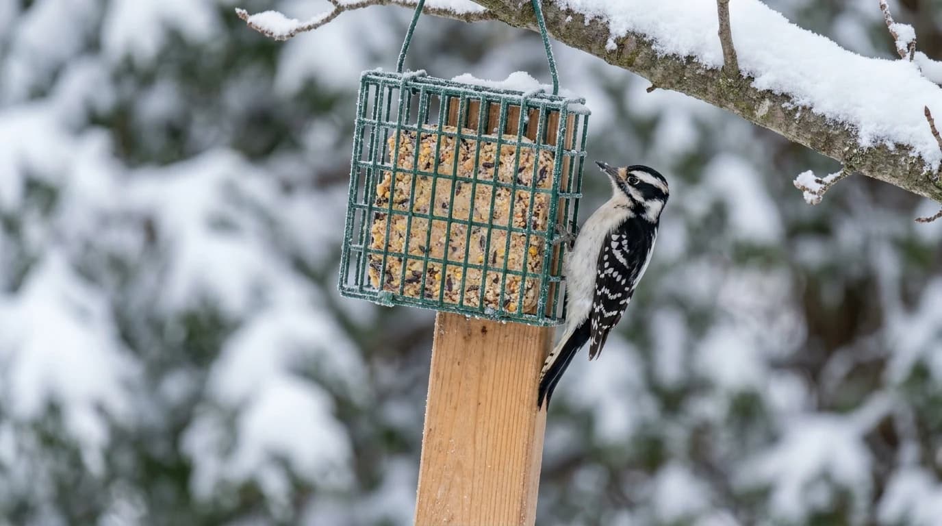 A Downy Woodpecker clinging to a green grid suet cage on a snowy branch, bracing its tail against a wooden board that extends below the cage.