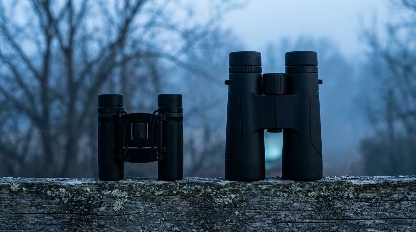 Two pairs of binoculars standing side by side on a lichen-covered wooden rail in dim pre-dawn light, a tiny folded pocket pair beside a much larger full-size pair.