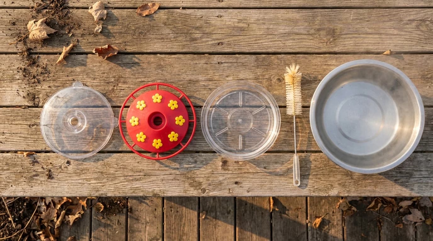 A clear saucer-style nectar feeder taken apart on a garden table beside a bottle brush and a basin of hot water, morning light.