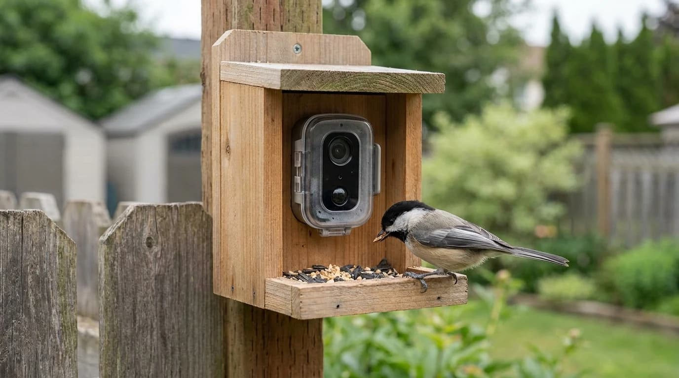 A small camera-equipped bird feeder mounted on a wooden post with a chickadee perched at the seed tray, suburban garden softly blurred behind.