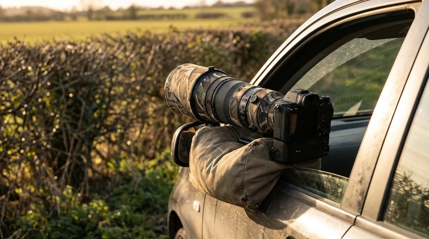 A telephoto lens on a camera body resting on a beanbag in a car window, aimed across a hedgerow in low golden light.