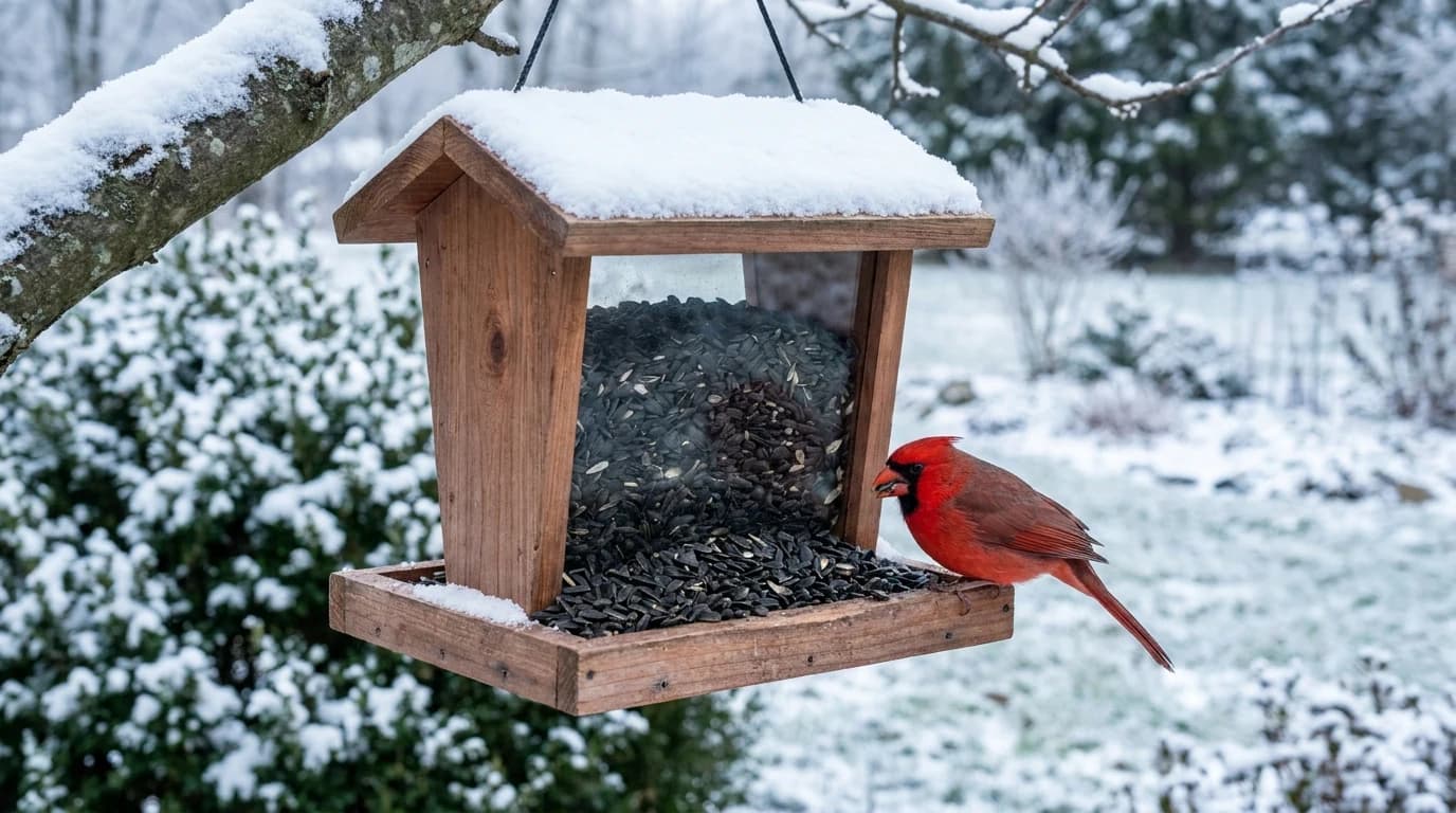 A wooden bird feeder filled with black-oil sunflower seed with a northern cardinal feeding at the tray, snow-dusted shrubs behind.
