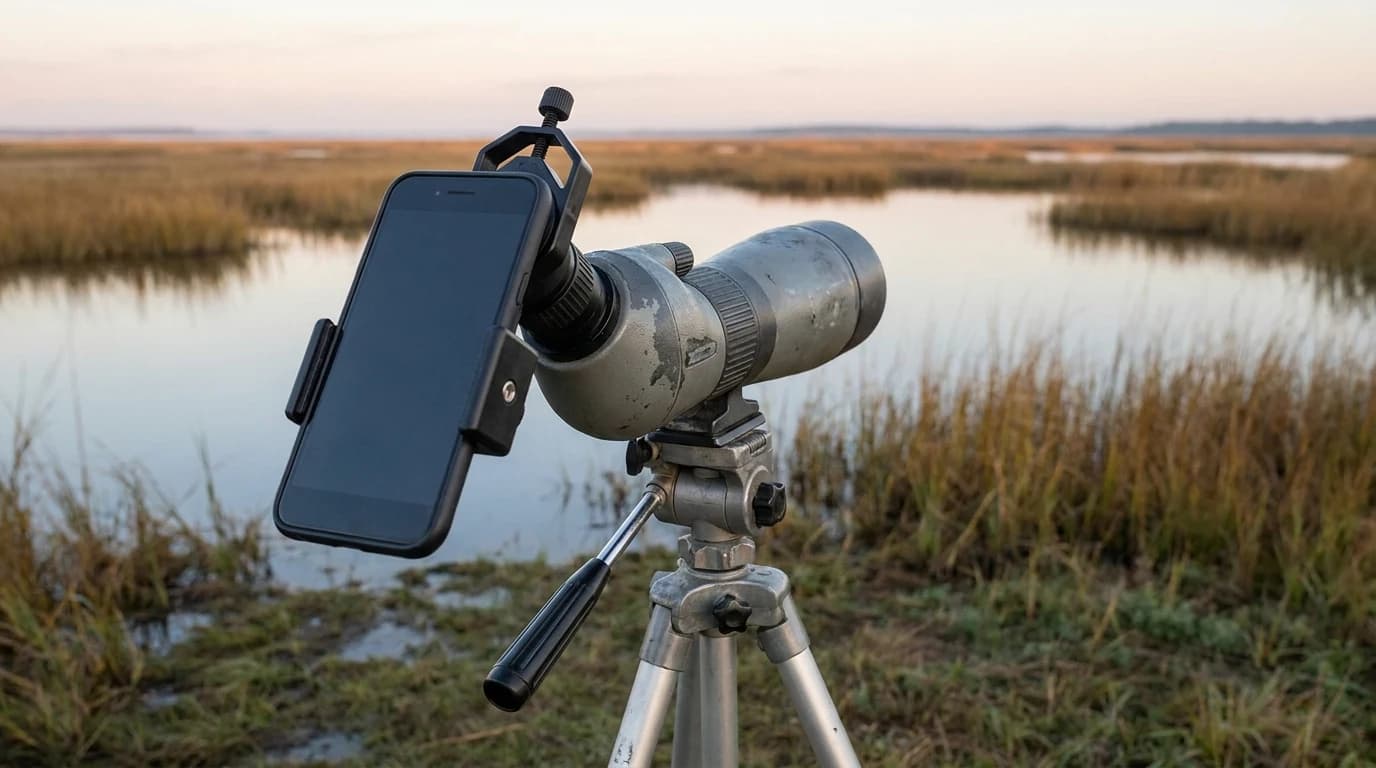 A smartphone clamped to the eyepiece of a spotting scope on a tripod at the edge of a marsh, early light on the water behind.