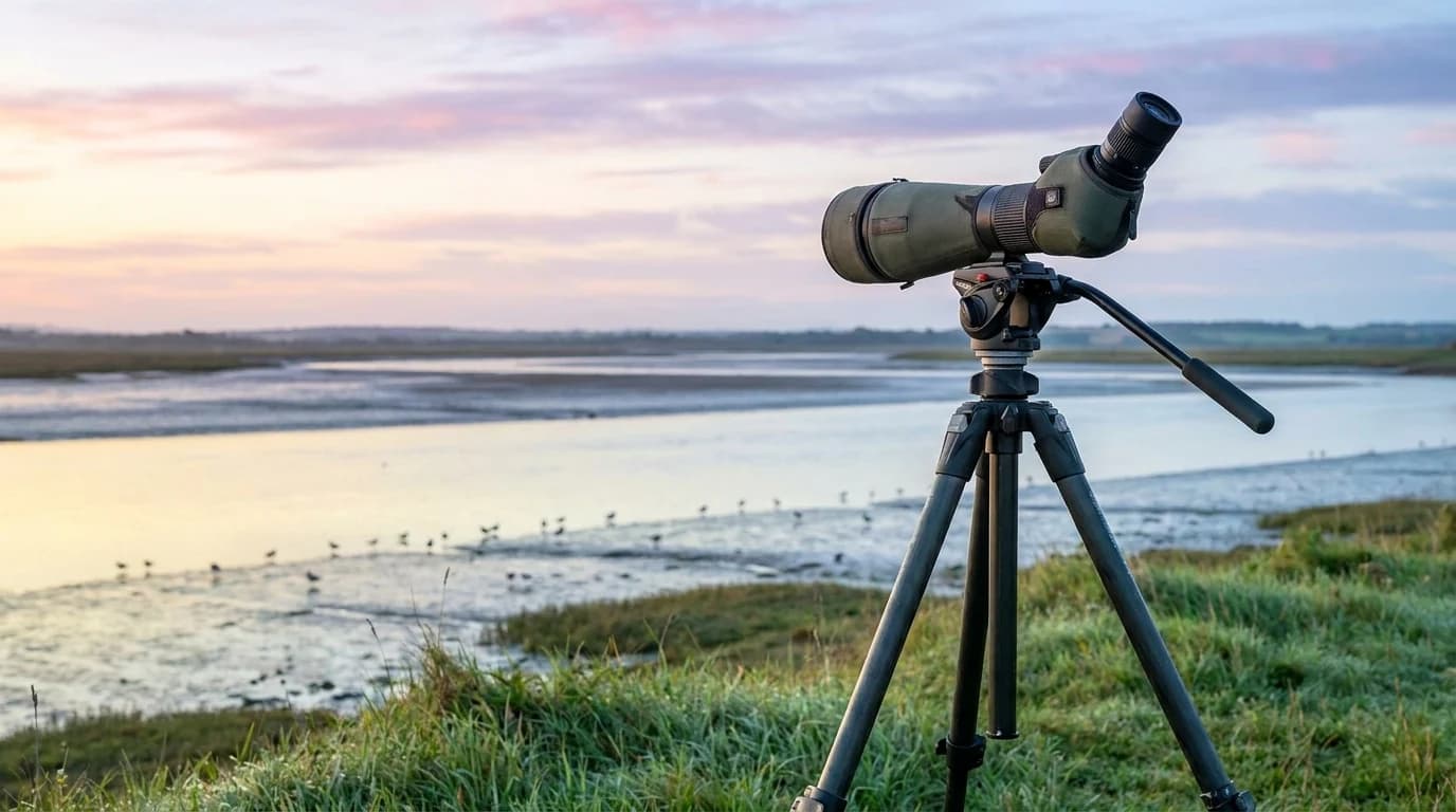 A spotting scope on a tripod set up on a low bluff overlooking a wide estuary at dawn, distant shorebirds on the mudflat.