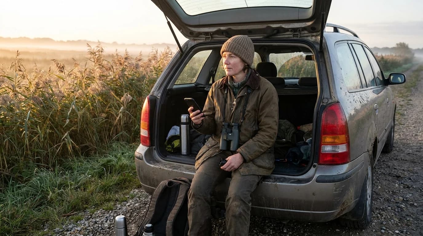 A birder sitting on a tailgate at dawn with a phone in one hand and binoculars in the other, checking a plan before walking out towards a marsh.