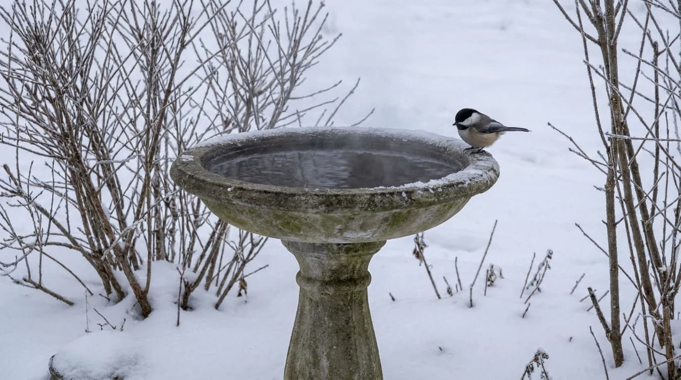 A stone bird bath with open, steaming water surrounded by snow, a chickadee perched on the rim.
