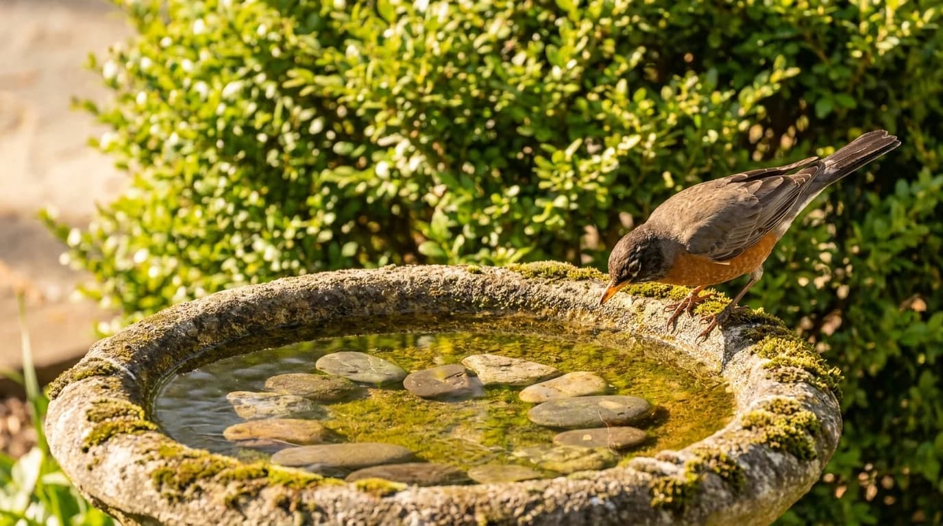 A shallow stone bird bath with an inch of water and a few flat pebbles, a robin standing at the rim with a shrub a short flight behind.