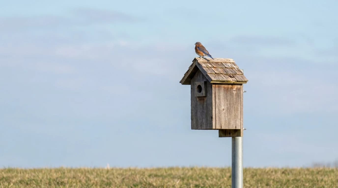 An eastern bluebird perched on the roof of a wooden nest box mounted on a metal pole above a mowed lawn.
