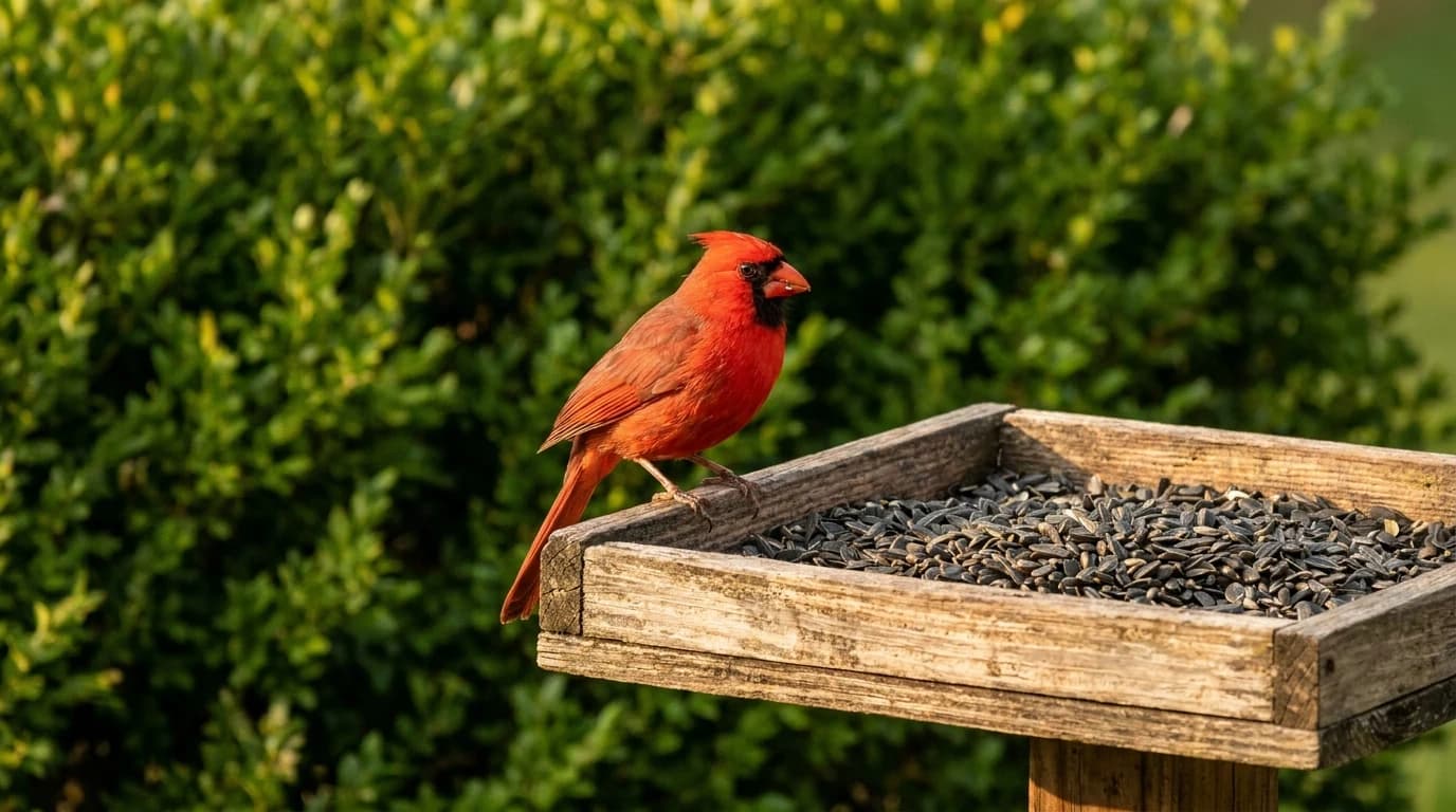 A male northern cardinal perched on the edge of an open wooden tray feeder full of sunflower seed, dense green hedge behind.