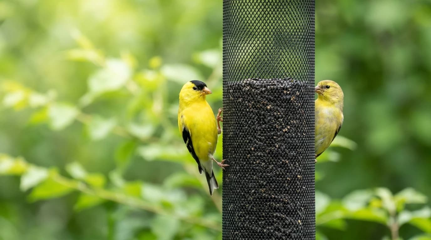 A bright yellow male American Goldfinch clinging to a mesh nyjer feeder, a second goldfinch on the far side, green summer foliage behind.