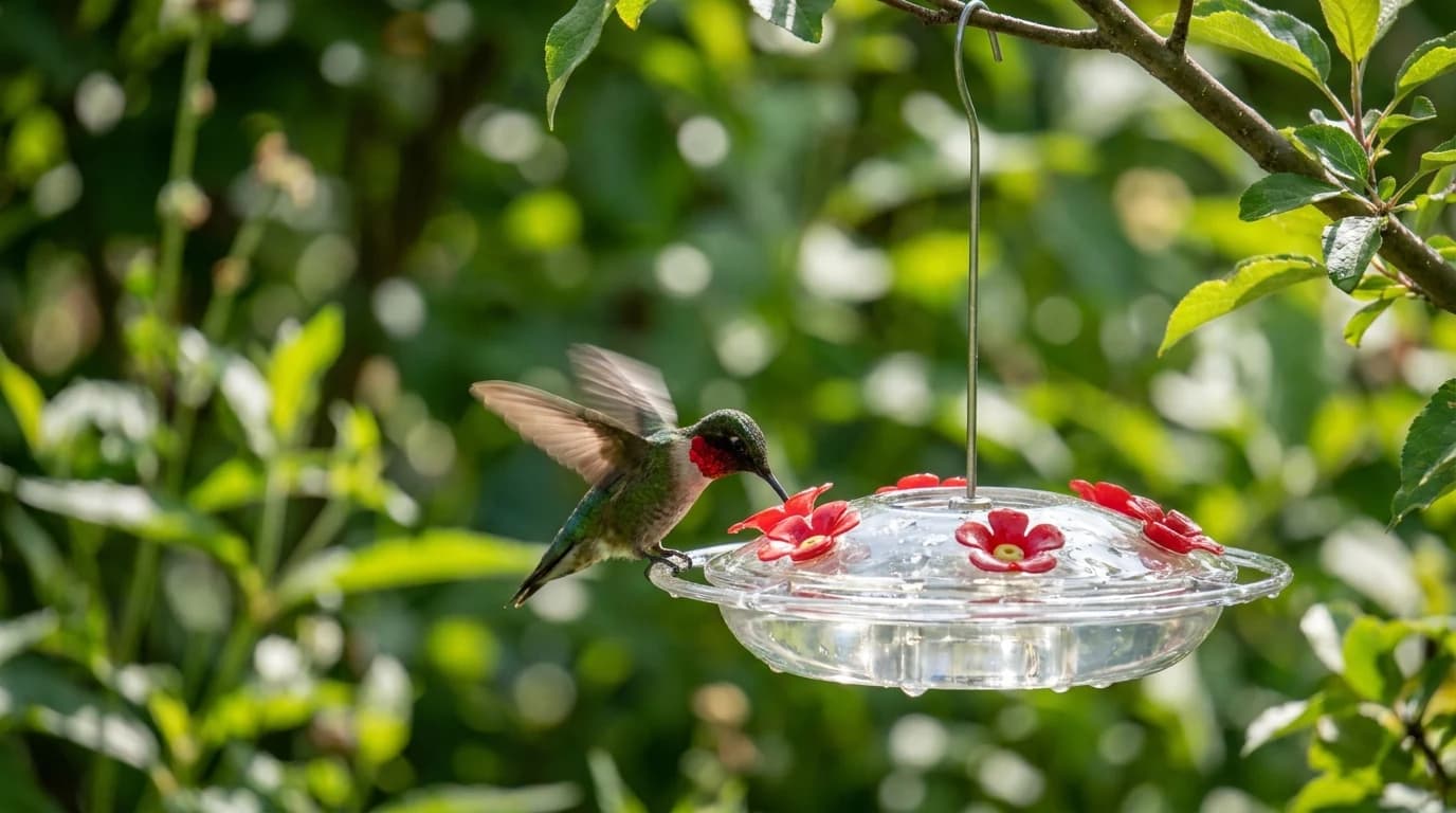 A ruby-throated hummingbird hovering at the red port of a clear saucer-style nectar feeder hanging in dappled shade.