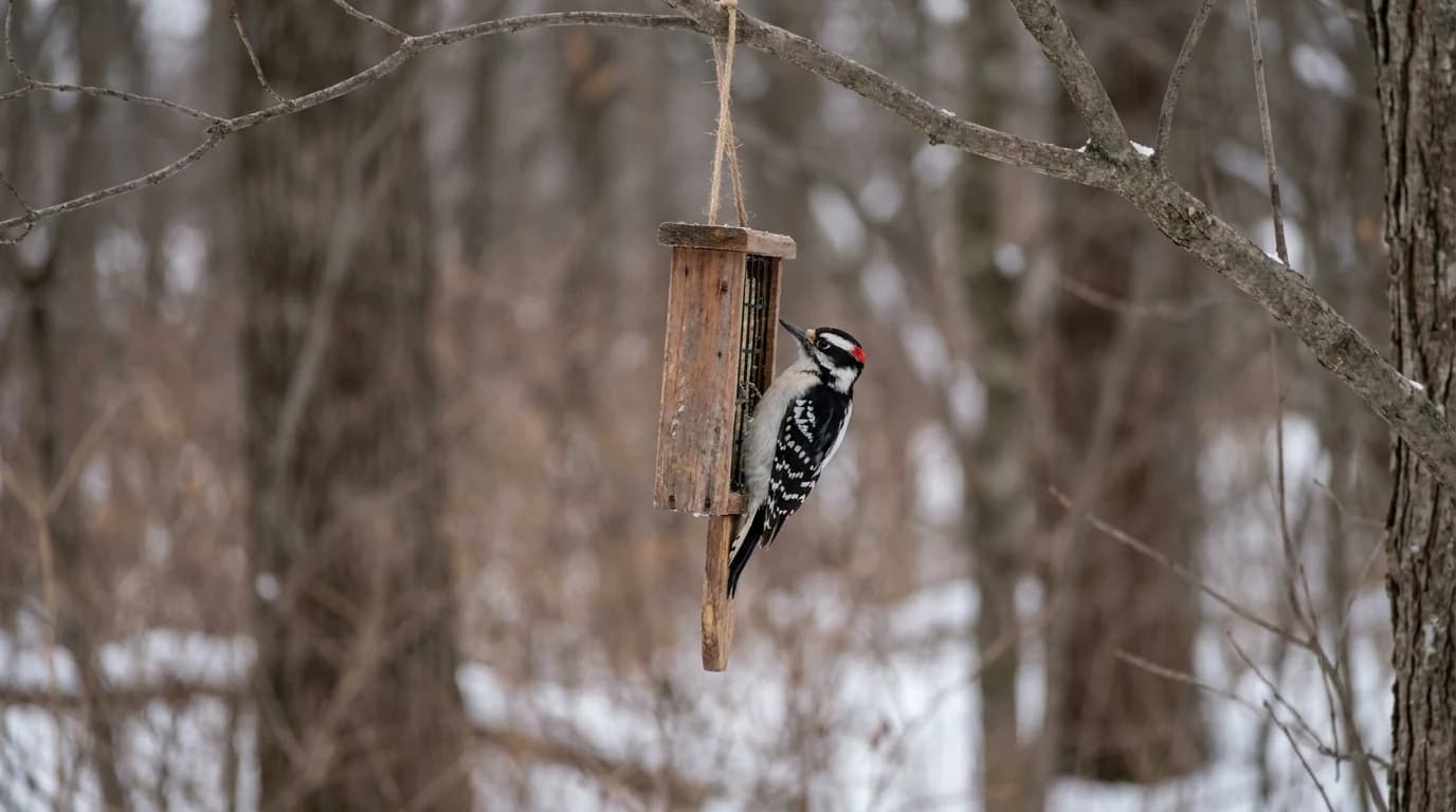 A downy woodpecker braced against a tail-prop suet feeder hanging from a bare branch, stiff tail feathers pressed to the wooden extension.