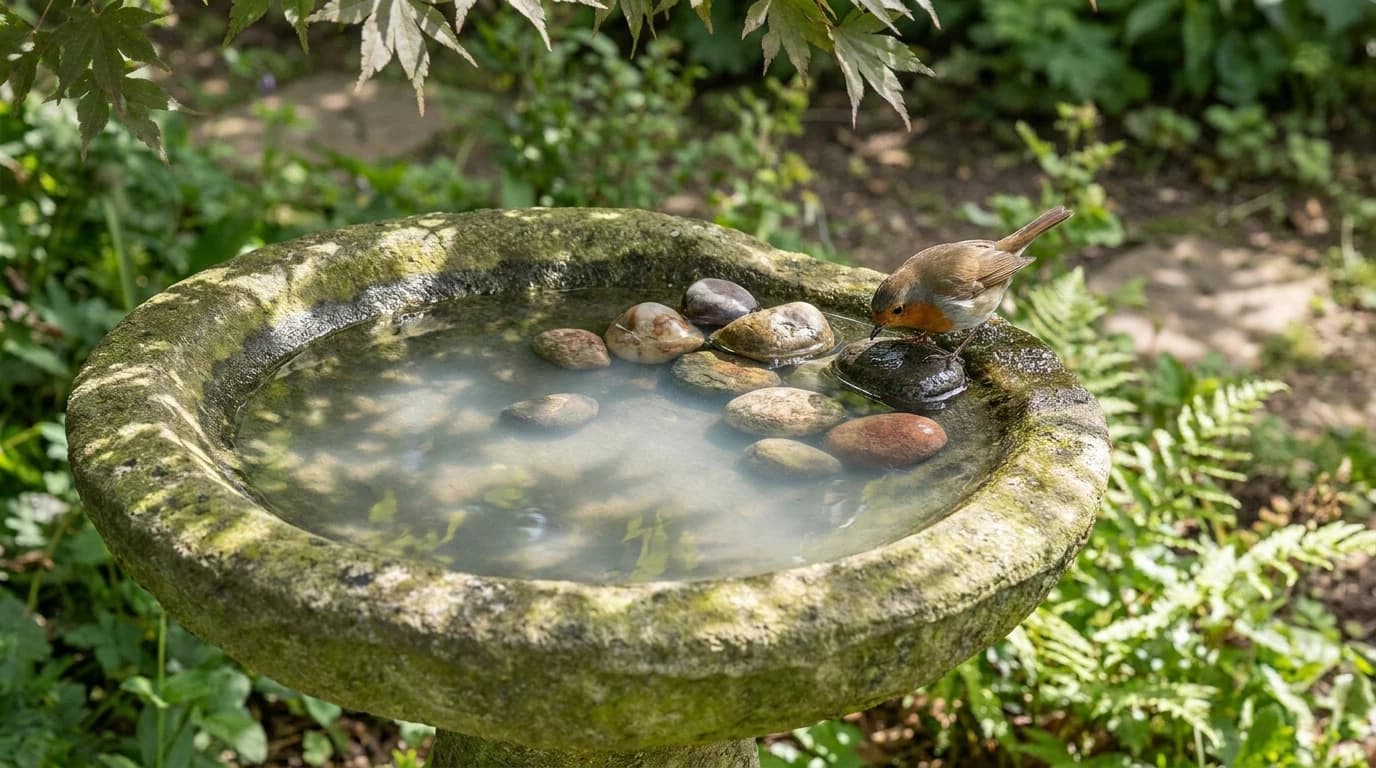 A shallow stone bird bath in dappled shade with a songbird standing on a partly submerged pebble at the sloping edge.