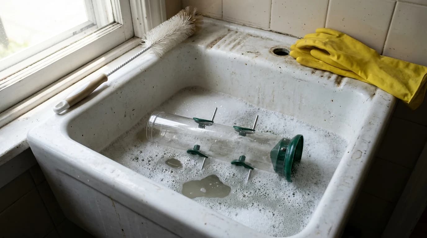 A disassembled tube bird feeder soaking in a utility sink beside a bottle brush and a pair of rubber gloves.