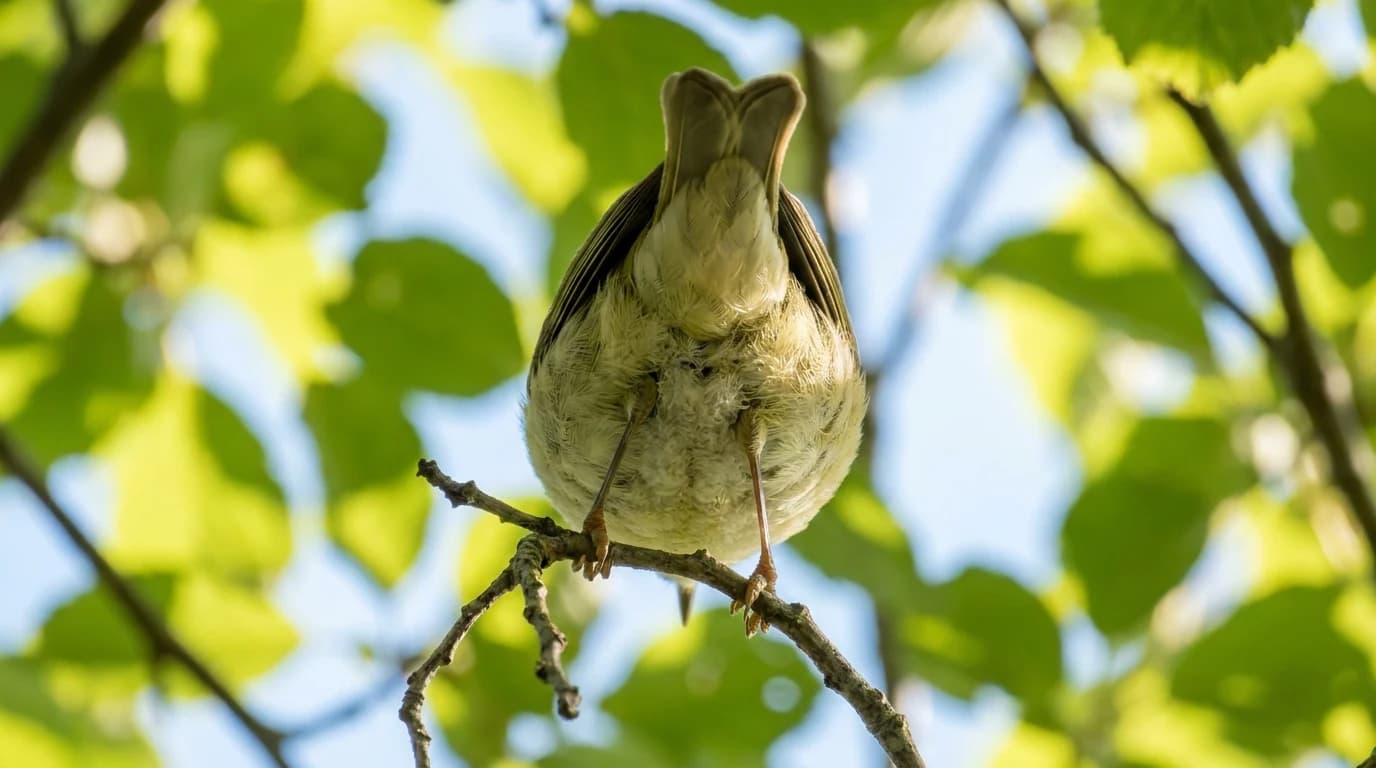 Looking up into a sunlit maple canopy at a small warbler seen from directly below, its pale underside and undertail feathers catching the light.