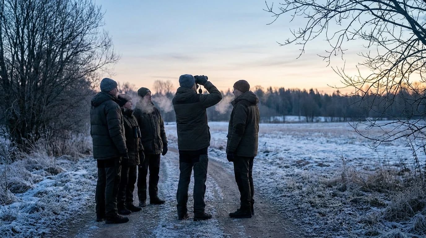 Birders in winter coats standing on a frosted trail at dawn, one raising binoculars toward bare treetops.