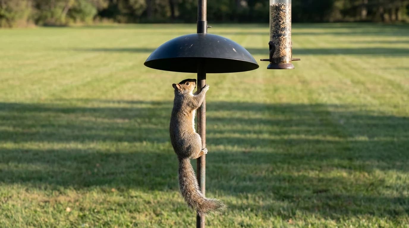 A grey squirrel stopped on a bird feeder pole beneath a wide black baffle it cannot climb past.