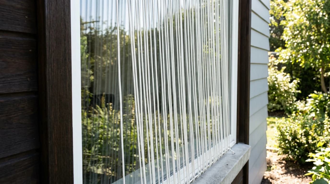 Closely spaced white paracord lines hanging down the outside of a sunlit window pane.