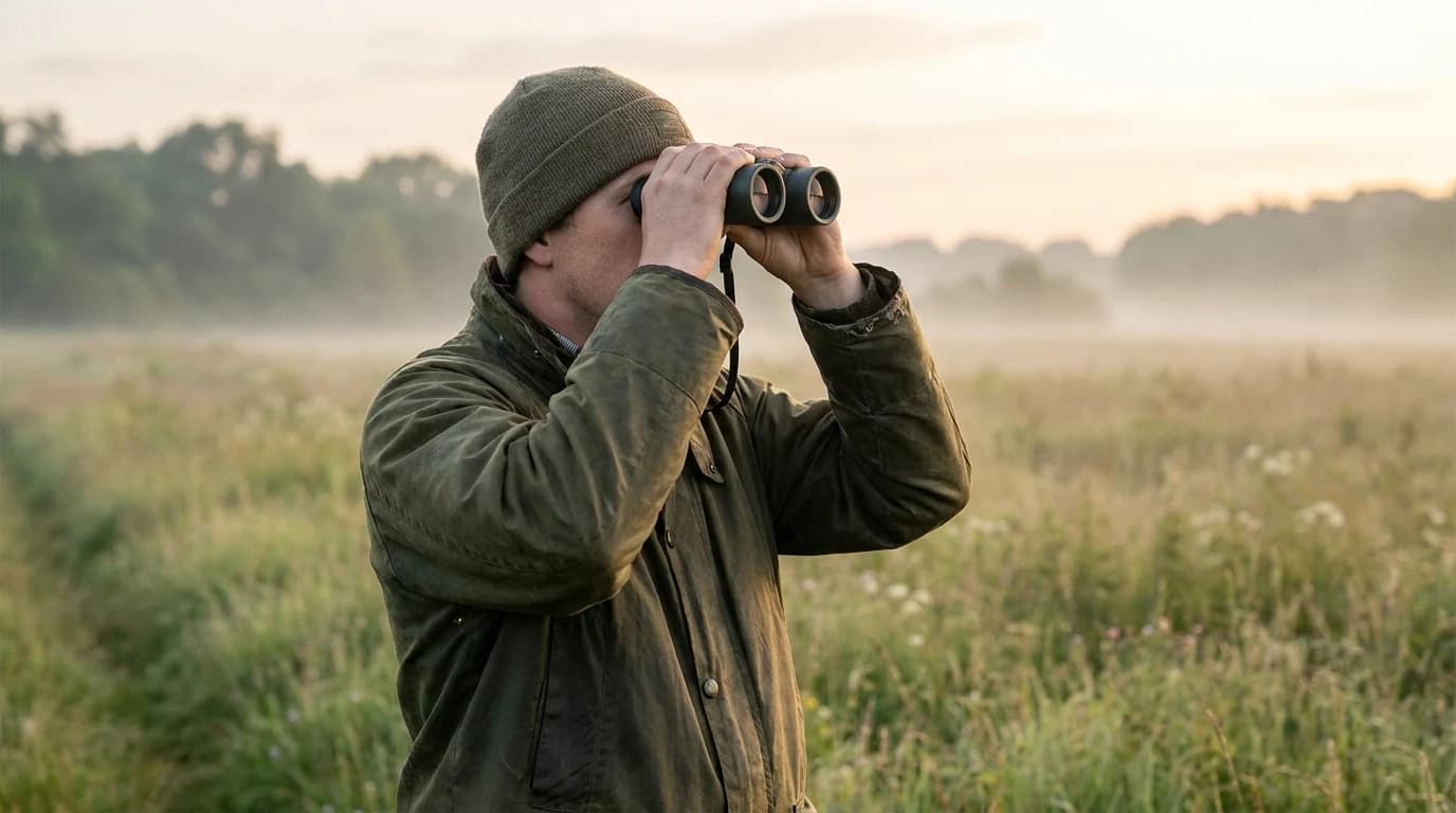 A birder raising binoculars straight up to their eyes with their gaze fixed on a distant treeline.