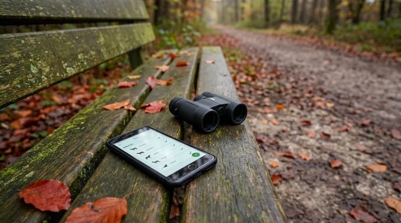 A phone showing an eBird checklist in progress, held on a park bench beside a pair of binoculars.
