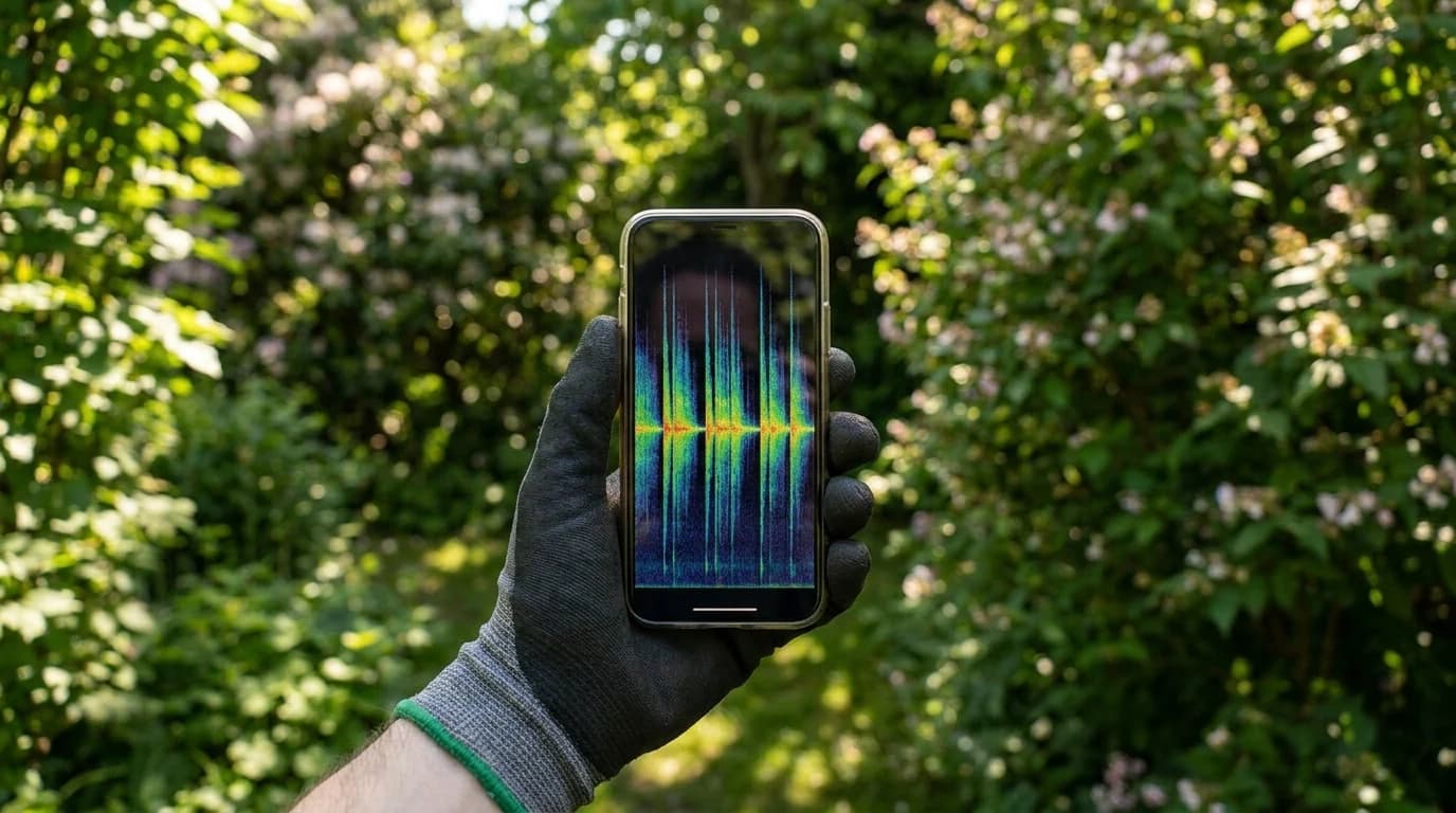 A phone held up in a leafy backyard showing Merlin's Sound ID spectrogram scrolling as a bird sings.