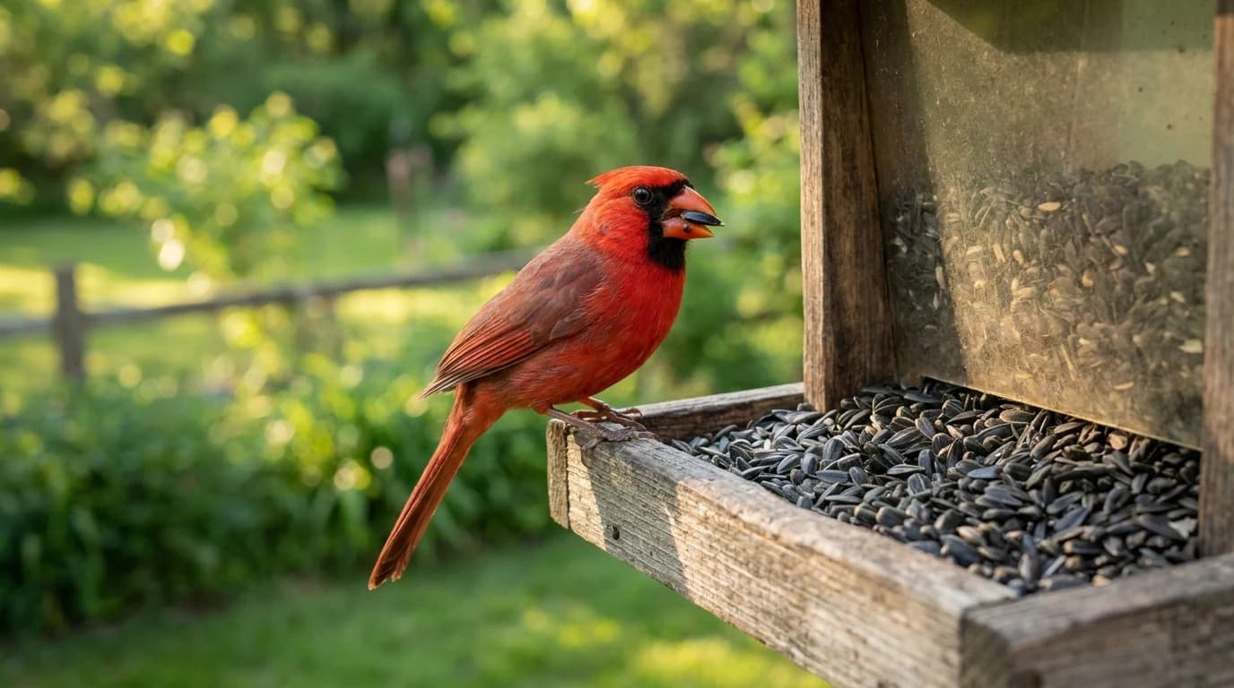 A male northern cardinal perched on the wide ledge of a wooden hopper feeder holding a sunflower seed in its bill.