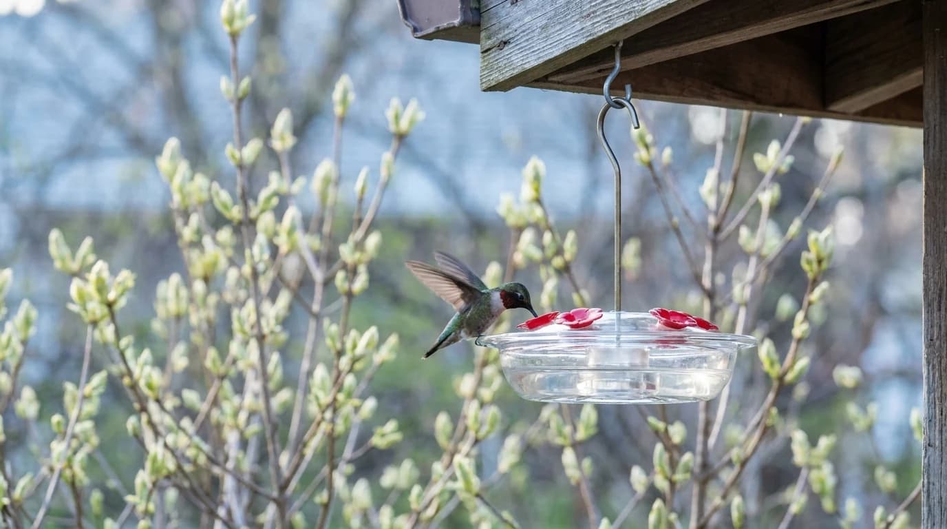 A ruby-throated hummingbird hovering at the red feeding port of a saucer-style nectar feeder in a spring garden.