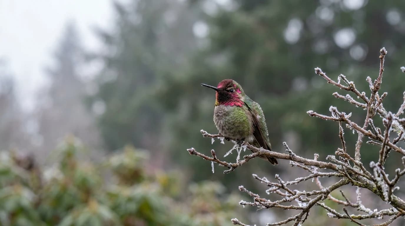 An Anna's Hummingbird with fluffed feathers perched on a frost-covered twig in a Pacific Northwest garden on a grey winter morning.