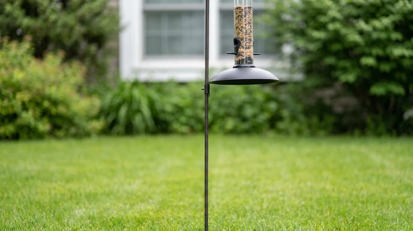 A tube bird feeder on a metal pole standing in an open lawn, with the windows of a house visible behind it.