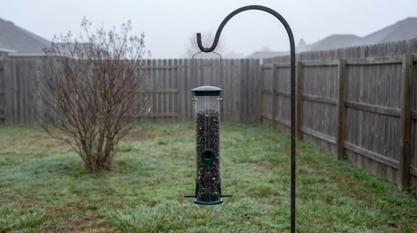A full seed feeder hanging untouched in a quiet backyard with a bare shrub about ten feet away.