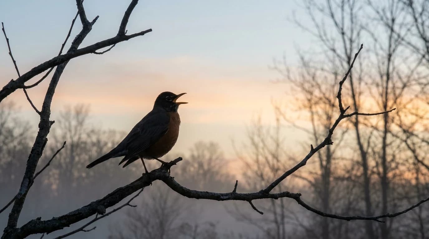 An American robin singing from a bare branch against a pale pre-sunrise sky.