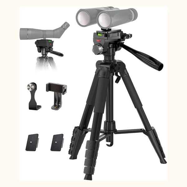 Binocular Tripod, 72” Spotting Scope Tripod Stand with Binocular Adapter and 2 QR Plates, Travel Camera Stand with Phone Holder/Carry Bag, Compatible with Binoculars/Spotting Scope/Camera/Phone